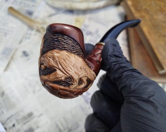 Hand-Carved Pear Wood Pipe with Majestic Tiger Relief – Perfect Gift for a Loved One, Artisan Tobacco Pipe, 9mm Ready, Brass Ring