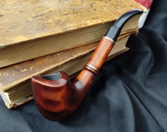 Hand-Carved Long Bent Pear Wood Pipe – Relief Shape, 9mm Filter Ready – Artisan Tobacco Pipe with Dual Brass Rings