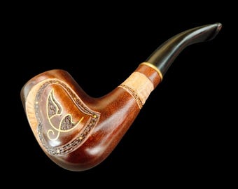 Wooden Tobacco Smoking Pipe - Metal inlay - Hand Carved from natural wood, Handmade Pipe