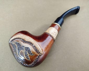 Hand Carved Pear Wood Tobacco Pipe, Elegant Inlay Artisan Pipe, Unique Handmade Gift for Him, Collectible Wooden Pipe