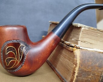 Wooden Tobacco Smoking Pipe - Metal inlay - Hand Carved, Handmade Pipe