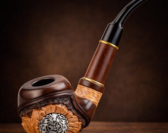 Handmade Wooden Tobacco Pipe – Metal Lion Crest, Pear Wood, Unique Gift for Men, Classic style, Сollectible series