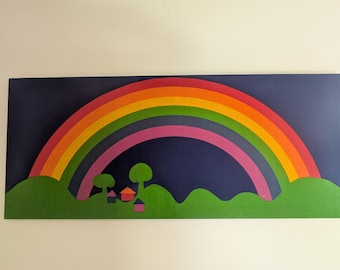VINTAGE 1976 Sateensaari Rainbow Fabric Screenprint by Tampella