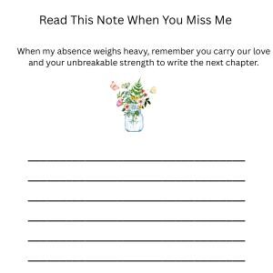 Puede incluir: Una hoja de papel de carta blanca con el texto negro Read This Note When You Miss Me y When my absence weighs heavy, remember you carry our love and your unbreakable strength to write the next chapter. Una ilustraci&oacute;n de tarro floral y seis l&iacute;neas.