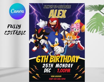 Sonic Birthday Invitation | Sonic The Hedgehog Party Invite | Editable Canva Template | Printable Kids Birthday | Free Thank you Tag