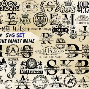 May include: A collection of black and white antique family name designs, including monograms, wreaths, and decorative fonts. The image includes the text "30+ SVG SET ANTIQUE FAMILY NAME".