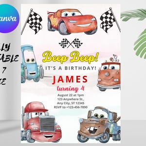 May include: A birthday invitation featuring watercolor illustrations of animated cars. The design includes the text "Beep Beep! It's a Birthday!" and details for James's fourth birthday, including the date, time, and location. The invitation is 5x7 inches.