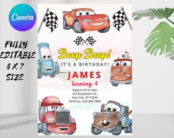 Cars Birthday Invitation | Lightning McQueen (Canva Printable Digital Invitation)