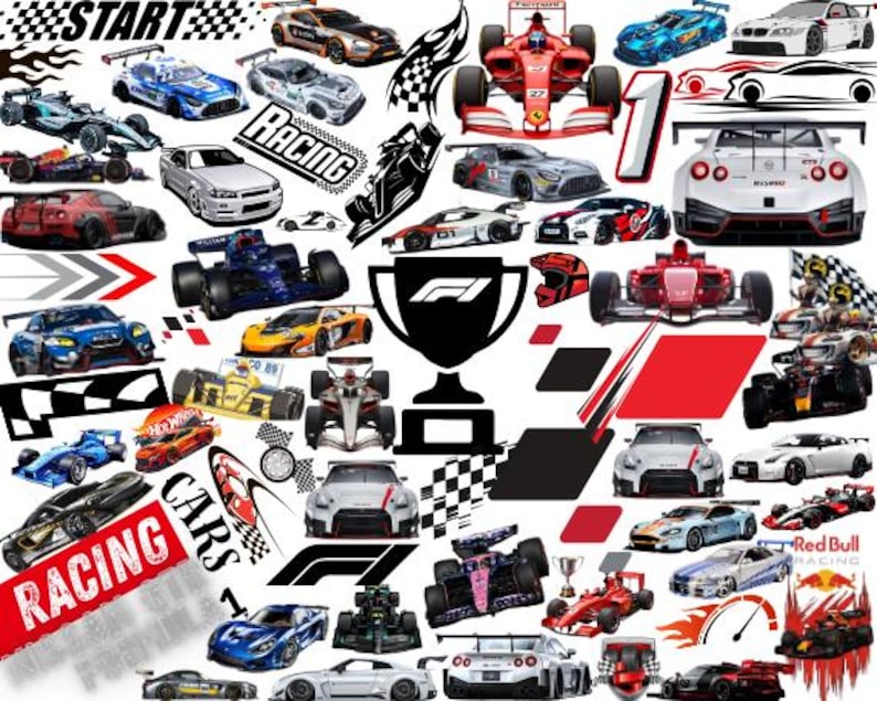 May include: A collage of various race cars, including Formula 1 and sports cars, in different colors. The image includes racing-themed elements like checkered flags, the word "RACING", and the F1 logo. The cars are in motion, suggesting speed.