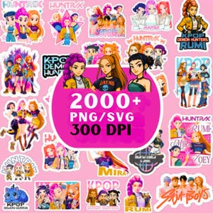 Puede incluir: Una colección de pegatinas coloridas con ilustraciones temáticas de K-Pop. Las pegatinas muestran varios personajes femeninos con atuendos elegantes, con texto como "HUNTRIX", "KPOP DEMON HUNTERS" y "RUMI". Un gran círculo rosa en el centro muestra "2000+ PNG/SVG 300 DPI."