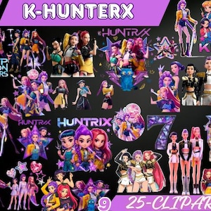 Puede incluir: Un conjunto de 25 imágenes prediseñadas digitales con temática K-Pop. Las ilustraciones presentan diversos personajes en varias poses, con una paleta de colores vibrantes y diseños dinámicos. El texto incluye "K-HUNTERX", "KPOP DEMON HUNTERS" y "HUNTRIX".