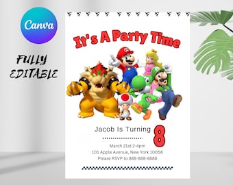 Invitación de cumpleaños de Super Mario / Plantilla editable de Canva / Descarga digital imprimible / Invitación de fiesta de Mario para niños y niñas / Colorida