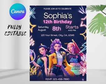 Invitación de cumpleaños editable/Fiesta temática de anime/Invitación de anime/Fiesta de cumpleaños/Invitación de cumpleaños infantil/Plantilla Canva/Invitación de cumpleaños Kpop