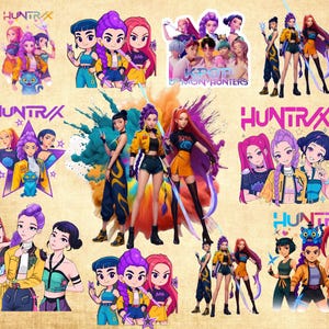 Peut inclure: Ensemble d'autocollants colorés avec des illustrations de style anime représentant un groupe de femmes. Les autocollants affichent le texte "HUNTRAX" et "K-POP DEMON HUNTERS". Les femmes sont représentées avec des épées et autres accessoires.