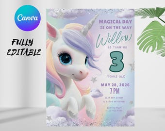 Editable Unicorn Birthday Invitation, Magical Pastel Rainbow Unicorn Invitation, Unicorn Party Invite, Unicorn Theme Birthday Canva Template