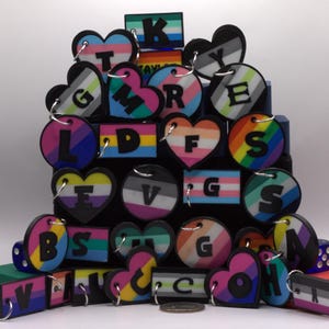 May include: A collection of colorful keychains in various shapes including hearts, circles, and rectangles, each featuring different pride flag color patterns and a single black letter. The keychains are attached with silver metal rings.