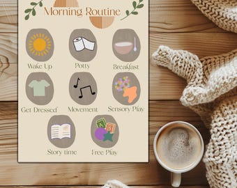 May include: A beige poster with the words "Morning Routine" and illustrations for each activity. The activities include "Wake Up," "Potty," "Breakfast," "Get Dressed," "Movement," "Sensory Play," "Story time," and "Free Play." A cup of coffee and a knitted blanket are in the background.