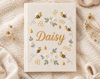 Personalized Hand-Embroidered Baby Photo Album, Daisy Bee Baby Memory Book, Custom Baby Name Photo Album, Embroidered Baby Keepsake
