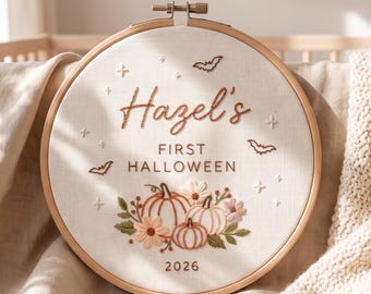 Personalized Baby First Halloween Embroidery Hoop, Custom Name Pumpkin Bat Nursery Decor, Fall Wall Art, Halloween Hoop Sign, Hand Stitch