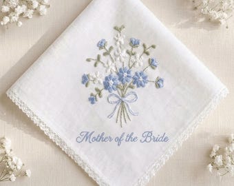 Pañuelo de boda bordado a mano, regalo para la madre de la novia, pañuelo de lino azul con estampado floral, recuerdo con borde de encaje, regalo nupcial, estilo vintage.
