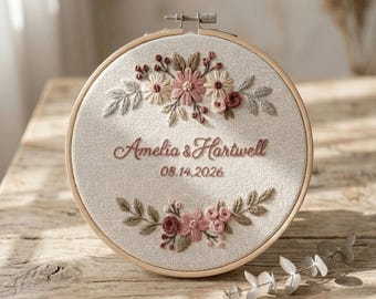 Personalized Wedding Hand Embroidery Wood Hoop, Custom Floral Couple Name Hoop, Floral Hoop Art, Anniversary Gift, Bridal Shower Gift