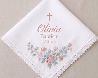 Personalized Floral Baptism Handkerchief, Custom Hand Embroidered Lace Hankie, Baby Girl Baptism Keepsake, Embroidered Baptism Girl Gift