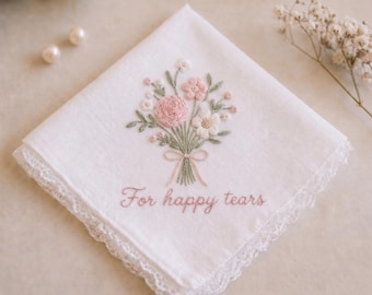 Pañuelo de boda bordado a mano "Para lágrimas de felicidad", pañuelo de encaje, regalo para la madre, madre de la novia, pañuelo de boda bordado.