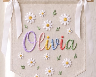 Daisy Rainbow Name Hand Embroidery Banner, Custom Nursery Wall Banner, Colorful Embroidered Baby Room Decor, Personalized Floral Name Flag