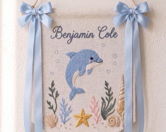Dolphin Baby Name Embroidery Banner, Ocean Baby Wall Hanging, Custom Hand-Embroidered Pennant, Boys Coastal Room Decor, Baby Gift