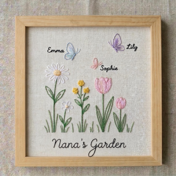 Personalized Nana’s Garden Embroidery Frame, Custom Grandma Gift with Kids Names & Birth Flowers, Handmade Floral Wall Art for Grandma