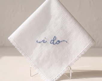 I Do Wedding Handkerchief, Hand Embroidered Bridal Hanky, Lace Keepsake For Bride, Something Blue Gift, Ceremony Photo Prop, Wedding Favors