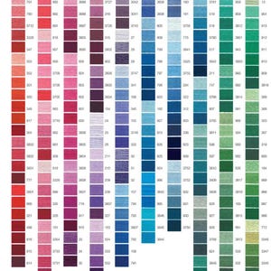Puede incluir: Una carta de colores que muestra una amplia gama de tonos de hilo de bordar. Los colores del hilo van desde rojos y rosas vibrantes hasta azules, verdes y morados, cada color se identifica con un n&uacute;mero &uacute;nico.