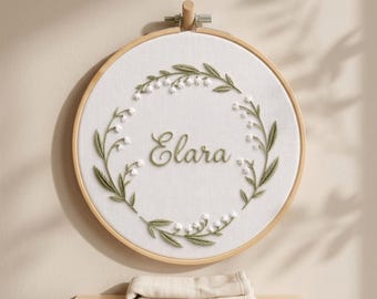 Lily Of The Valley Hand Embroidered Name Hoop, Custom Baby Name Embroidery, Botanical Nursery Wall Decor, Personalized Floral Keepsake
