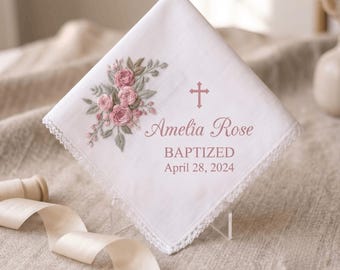 Personalized Baptism Hand Embroidery Handkerchief, Custom Christening Hankie With Floral Rose Cross, Lace Baptized Gift For Baby Girl