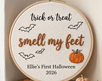 Personalized Halloween Embroidery Hoop, Trick Or Treat Hand Embroidery, First Halloween Sign, Pumpkin Bat Wall Art, Kids Room Decor
