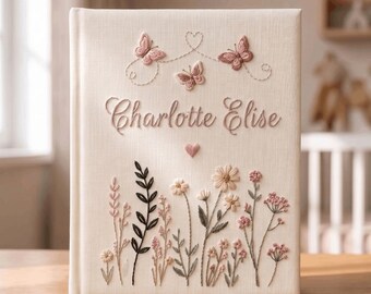 Personalized Baby Hand Embroidered Photo Album, Custom Name Linen Memory Book, Floral Butterfly Nursery Keepsake, Embroidered Monogram Gift
