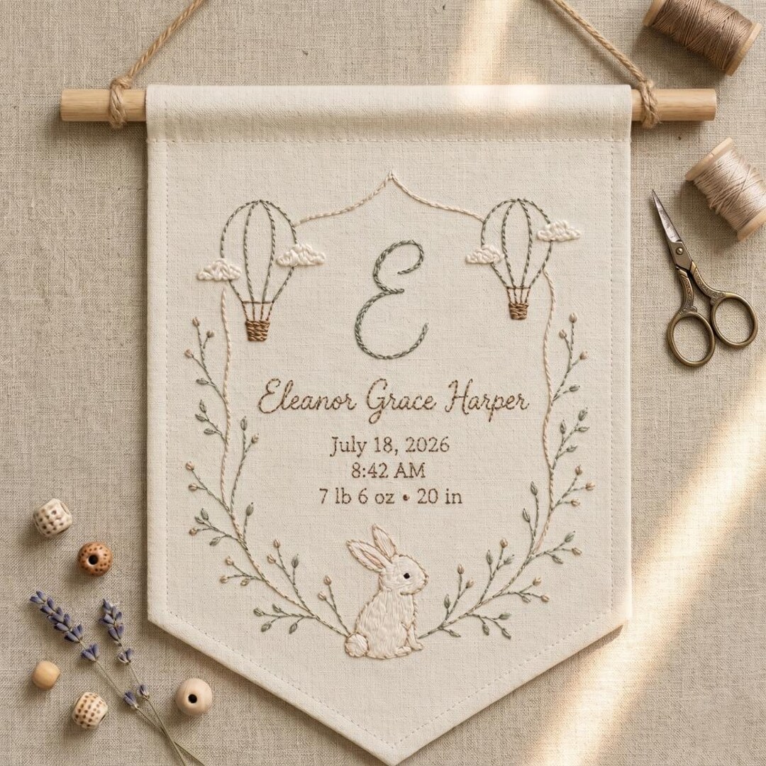 Custom Monogram Hand Embroidery Banner, Birth Announcement Banner ...