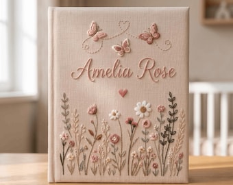 Álbum de fotos floral bordado a mano personalizado, libro de recuerdos para bebé, álbum de fotos con nombre personalizado para bebé, recuerdo con nombre bordado, primer cumpleaños