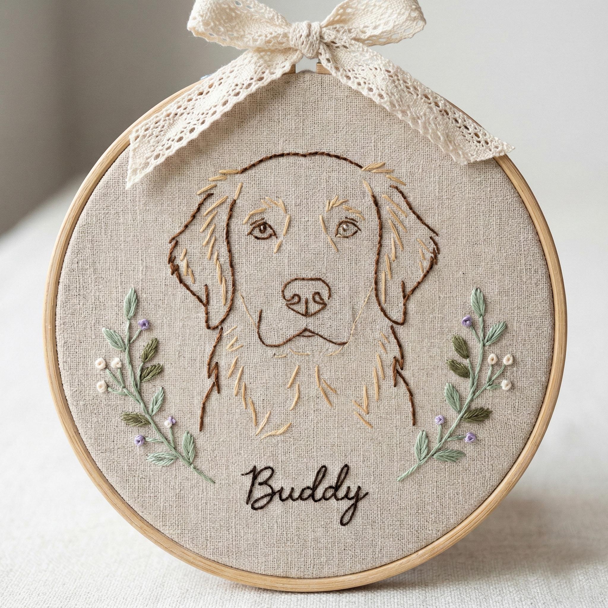Custom Dog Photo Embroidery Wood Hoop, Dog Face Image Embroidered Hoop, Dog Line Art Hand Embroidery, Dog Mom Gift