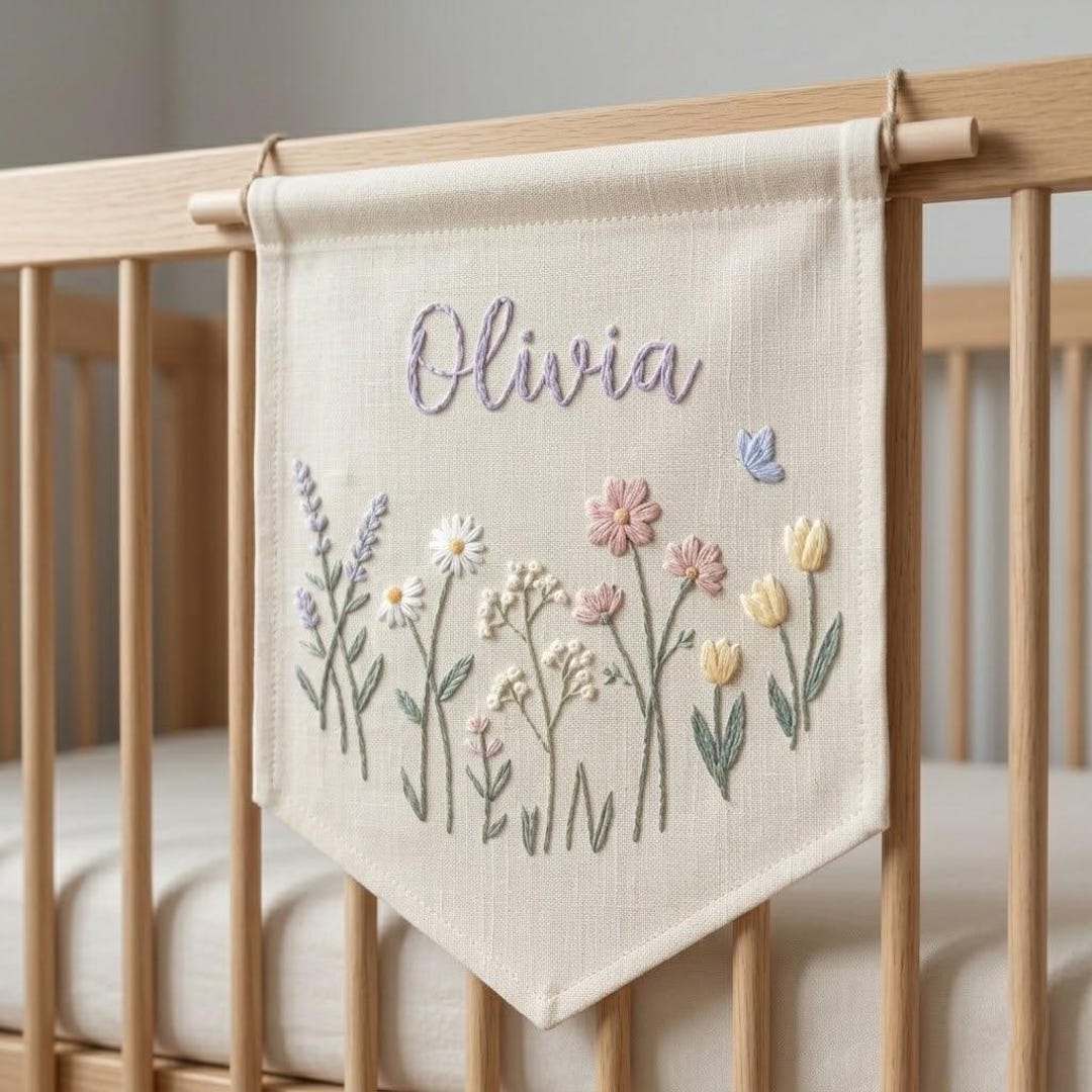 Wildflower Name Hand Embroidery Banner, Baby Floral Wall Flag, Nursery ...