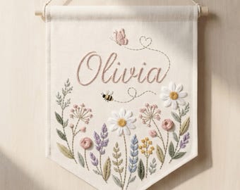 Personalized Wildflower Hand Embroidered Name Banner, Nursery Wall Hanging, Bee Floral Pennant, Baby Girl Room Decor, Cottagecore Wall Art