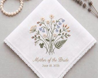 Wildflower Embroidered Wedding Handkerchief, Mother Of The Bride, Floral Linen Hanky, Vintage Style Lace Edge, Bridal Gift Hand Embroidered