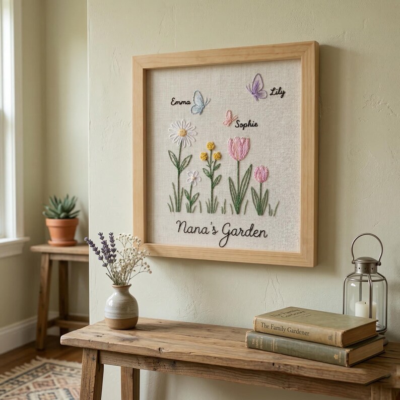Puede incluir: Un bordado enmarcado que representa una escena de jard&iacute;n con flores y mariposas. Los nombres "Emma", "Sophie" y "Lily" est&aacute;n bordados encima de las flores. El texto "Nana's Garden" est&aacute; cosido en la parte inferior. El marco es de madera clara.