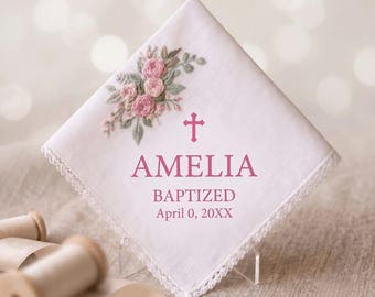 Personalized Baptism Embroidery Handkerchief, Custom Lace Christening Hankie, Hand Stitched Floral Cross Keepsake, Baby Girl Baptized Gift