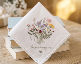 Wildflower Wedding Hand Embroidery Handkerchief, Happy Tears Embroidered Handky, Mother Of The Bride Gift, Floral Lace Linen Handkerchief