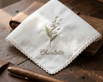 Embroidered Linen Lace Handkerchief, Lily Of The Valley Hanky, Wedding Keepsake Gift, Vintage Style Lace Edge, Birth Month Flowers Hanky