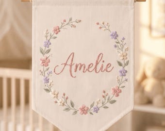 Personalized Floral Name Banner, Hand Embroidered Nursery Wall Hanging, Baby Girl Room Decor, Cottagecore Pennant, Custom Kids Name Sign