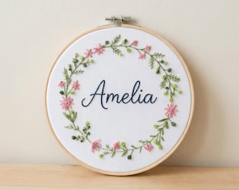 Blush Daisy Wreath Hand Embroidery Hoop, Custom Baby Name Nursery Art, Personalized Floral Baby Girl Wall Decor, Handmade Keepsake Gift