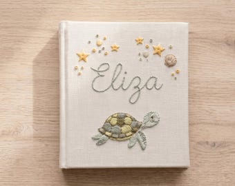 Personalized Turtle Hand Embroidered Photo Album, Baby Memory Book keepsake With Year, Baby Name Album, First Birthday Gift