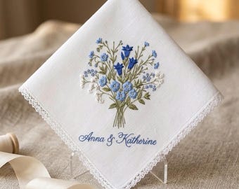 Blue Floral Hand Embroidered Handkerchief, Wedding Gift For Parents, Custom Wedding Handkerchief, Linen Handkerchief, Wedding Favors